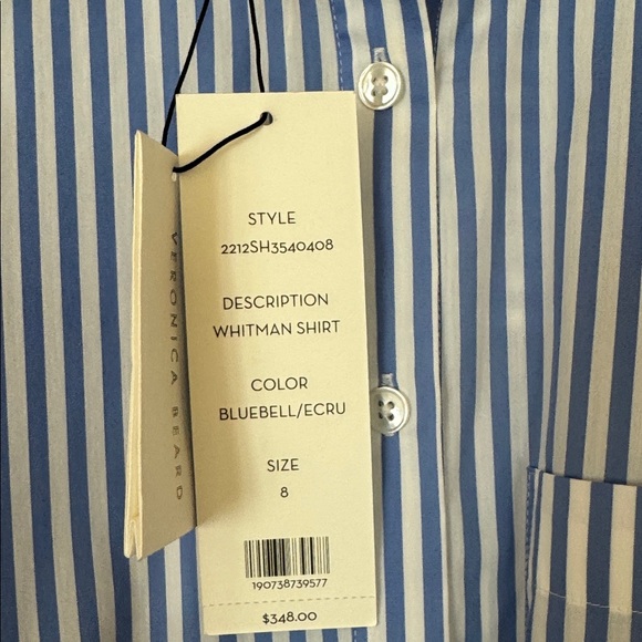 Veronica Beard designer blue and white striped cropped long sleeve blouse. - Picture 5 of 6